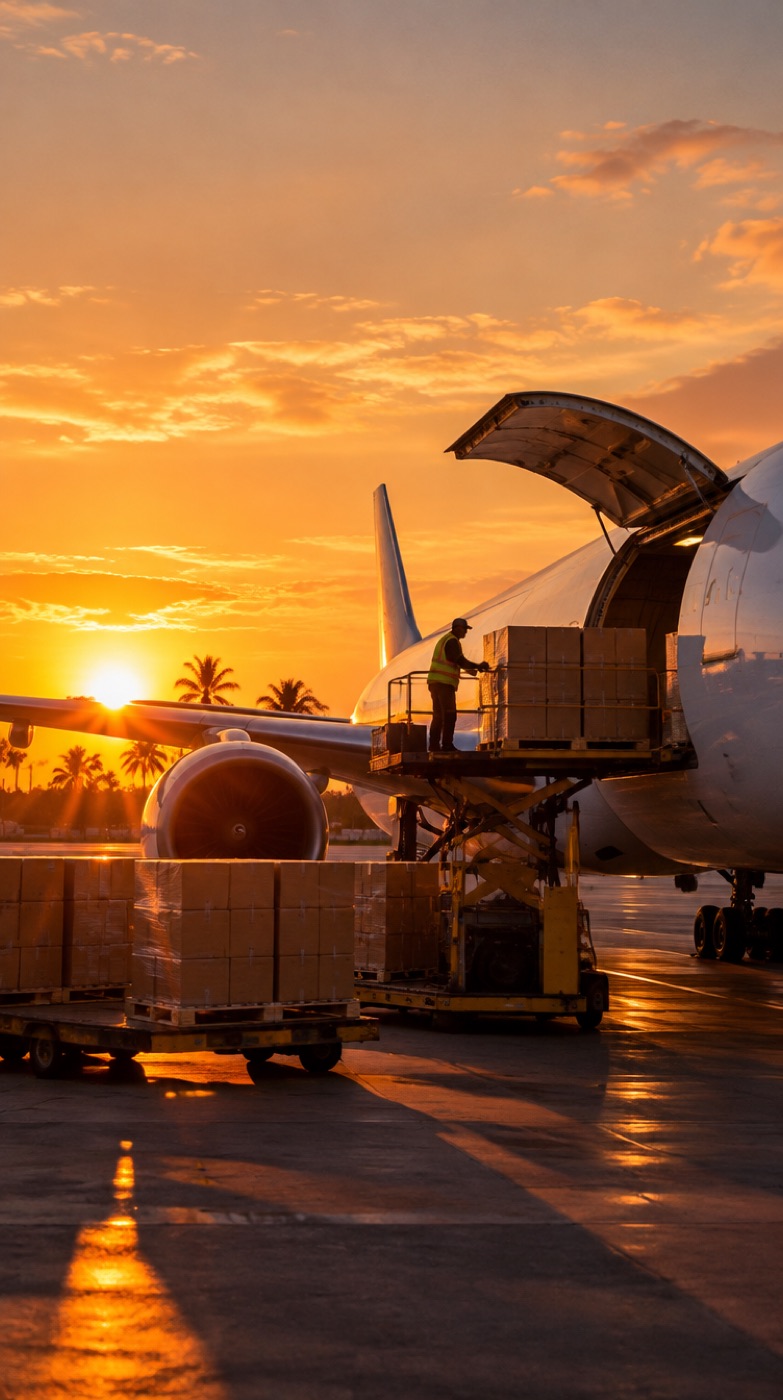 Avión de carga siendo cargado al atardecer